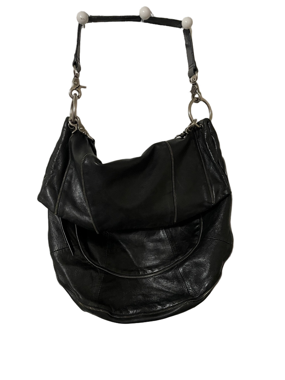 Michelle Tan Black Leather Hobo/Slouch Shoulder Bag with Zipper Details